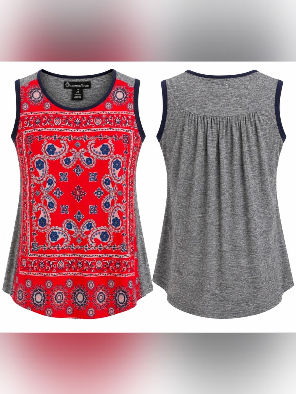 Signature Studio Womens L Bandana Paisley Boho Tank Top Red Gray Sleeveless